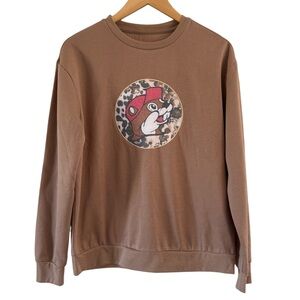 Buc-ee's‎ Women’s Tan/Brown Leopard Fleece Crew Sweatshirt Pullover Travel Small